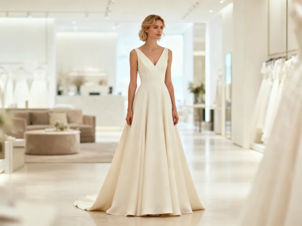 Panna młoda w eleganckiej sukni ślubnej o kroju litery A z dekoltem w serek, która optycznie wysmukla sylwetkę plus size.