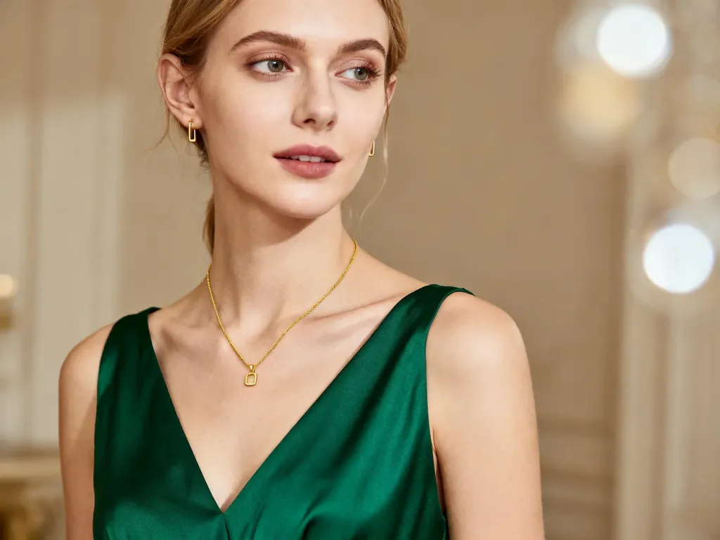 Elegancka kobieta w szmaragdowej sukience, zestawionej z delikatnym złotym naszyjnikiem i minimalistycznymi kolczykami.