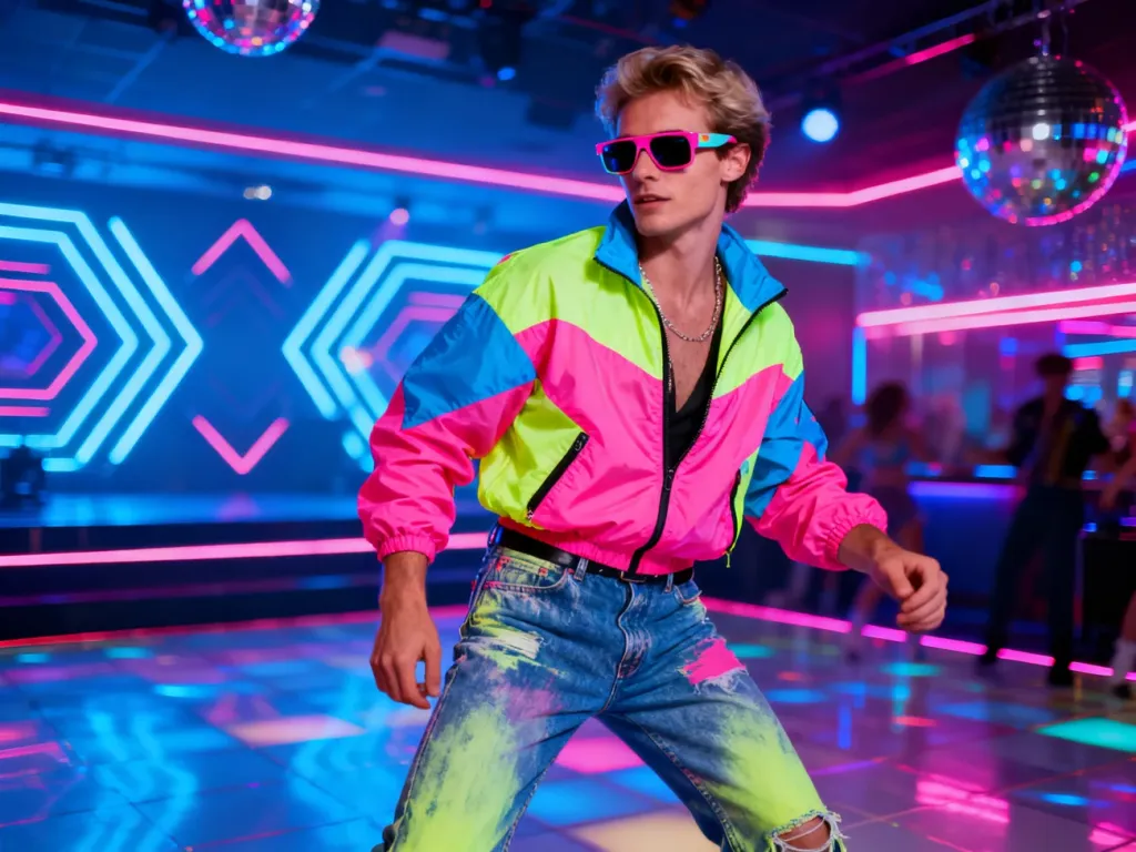 Mężczyzna w neonowej wiatrówce i jeansach w stylu lat 80. pozuje na tle dyskoteki, prezentując modę imprezową tamtej dekady.