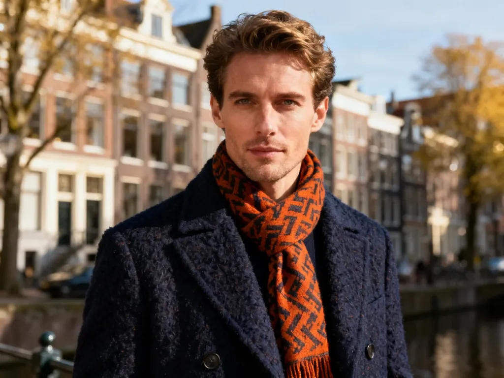 Mężczyzna w eleganckim wełnianym płaszczu i wzorzystym szaliku na tle zabytkowej architektury Amsterdamu.