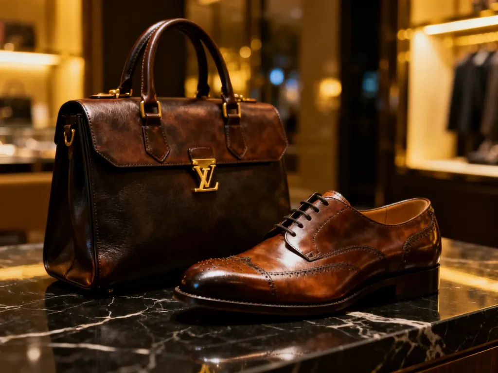 Luksusowa skórzana torebka i eleganckie buty na marmurowym blacie w ekskluzywnym butiku.