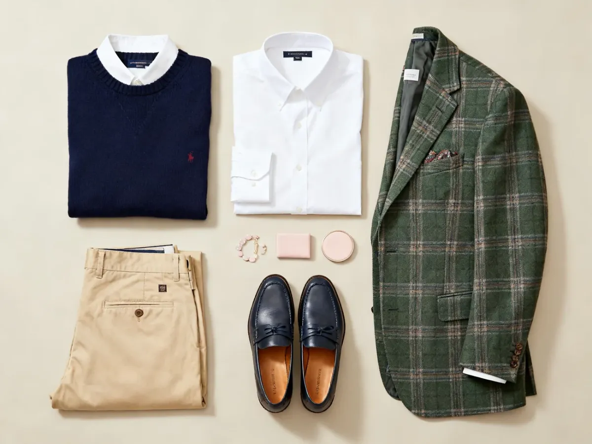 Klasyczne elementy garderoby w stylu preppy ułożone w elegancką kompozycję