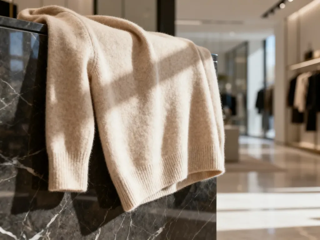 Beżowy sweter z kaszmiru o minimalistycznym splocie na marmurowym blacie, podkreślający estetykę quiet luxury.