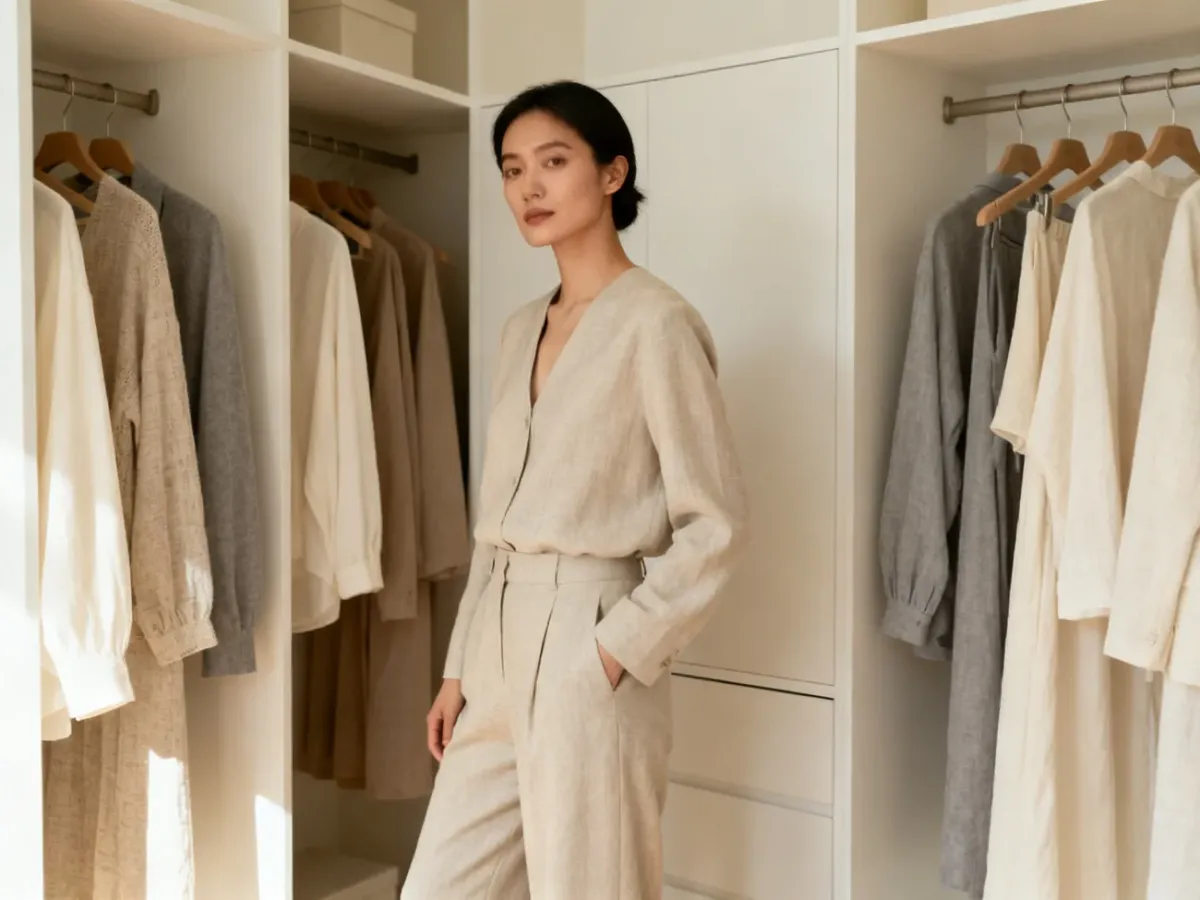 Osoba w dobrze dopasowanej, eleganckiej stylizacji w neutralnych kolorach