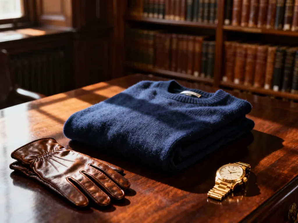 Granatowy kaszmirowy sweter, skórzane rękawiczki i złoty zegarek na mahoniowym stole w klasycznym, eleganckim wnętrzu.