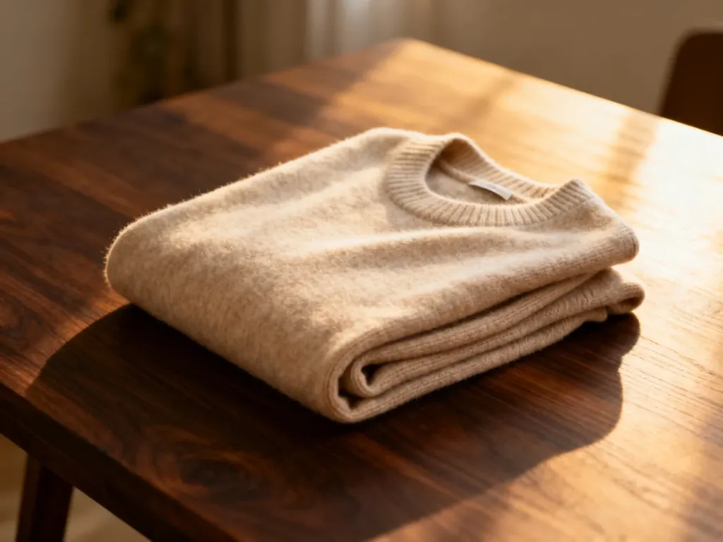 Beżowy kaszmirowy sweter starannie złożony na dębowym stole w luksusowym wnętrzu butiku Brunello Cucinelli.