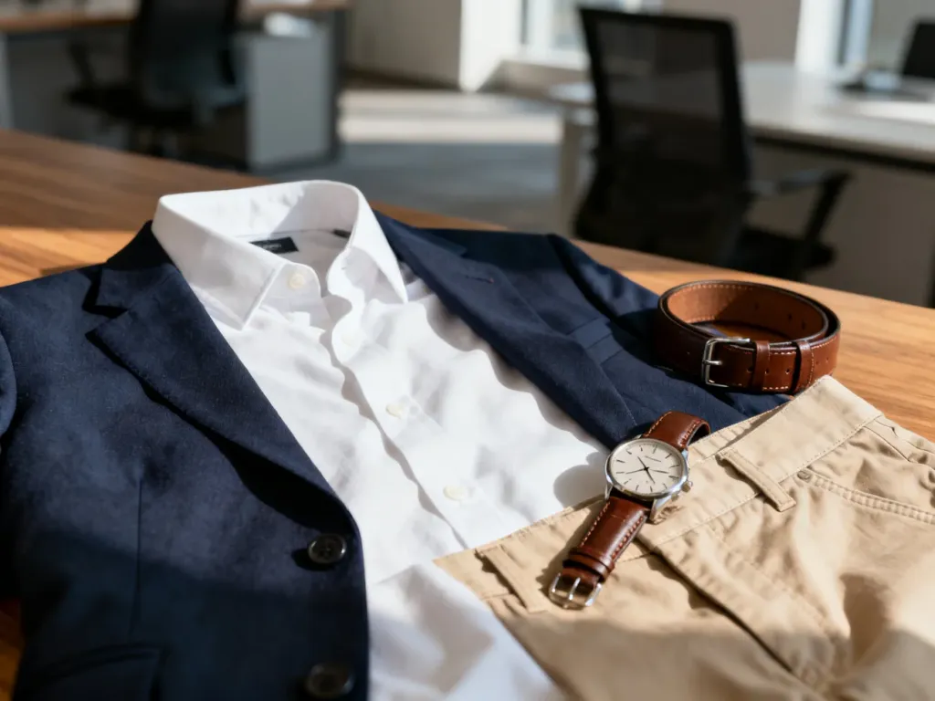 Zestaw ubrań w stylu smart casual: granatowa marynarka, biała koszula, beżowe spodnie oraz skórzane dodatki na drewnianym blacie.