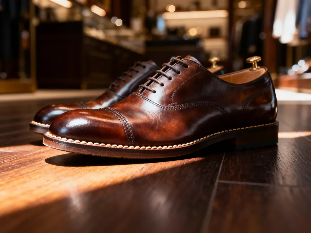Eleganckie skórzane oksfordy z widocznym przeszyciem typu Goodyear welt na drewnianym podłożu.