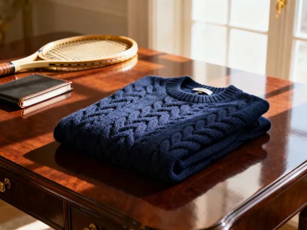 Granatowy sweter o grubym splocie na mahoniowym stole w otoczeniu rakiety tenisowej, oddający estetykę stylu preppy.