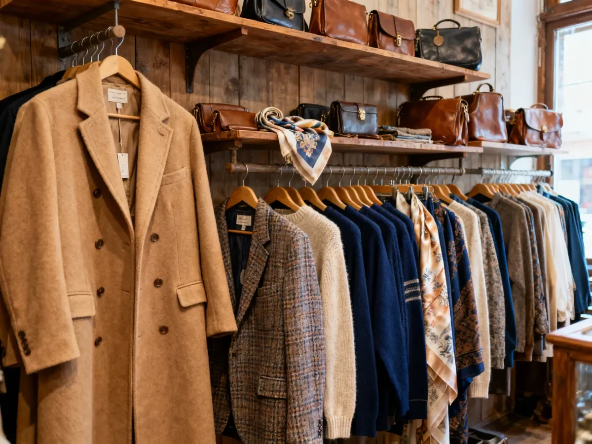 Wybór klasycznych ubrań i dodatków w sklepie vintage