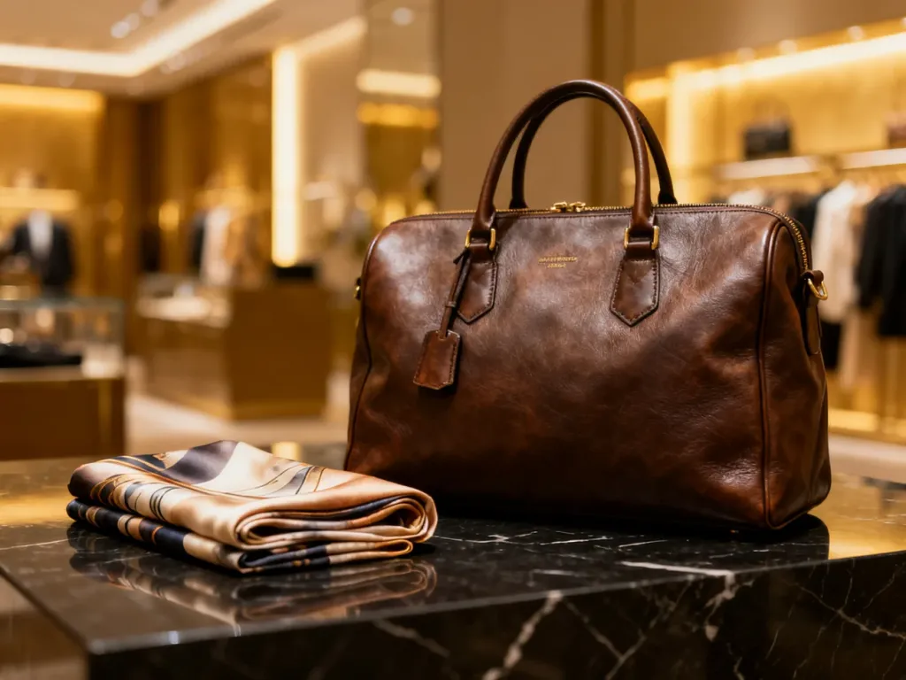 Luksusowa skórzana torebka i jedwabna apaszka na marmurowym blacie, podkreślające elegancję polskich marek premium.