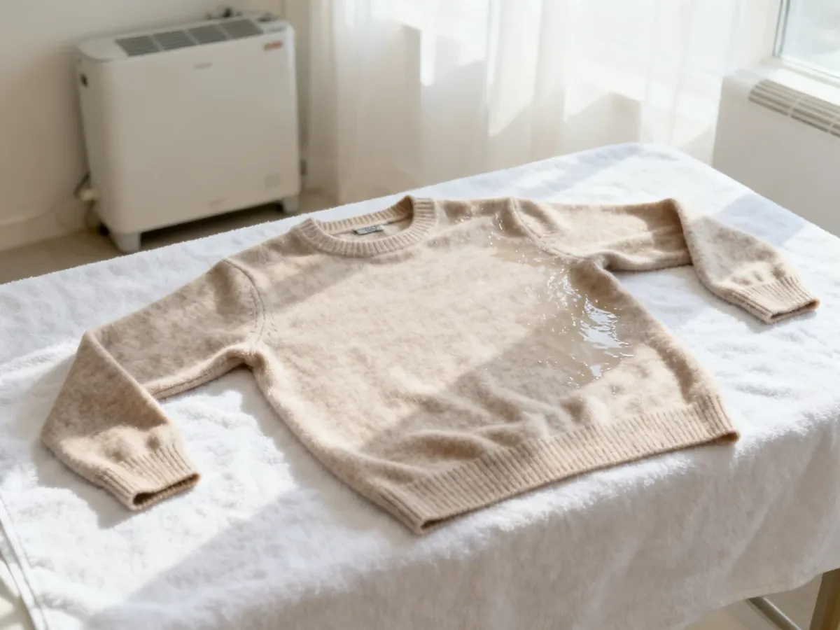 Kaszmirowy sweter suszony na płasko na ręczniku