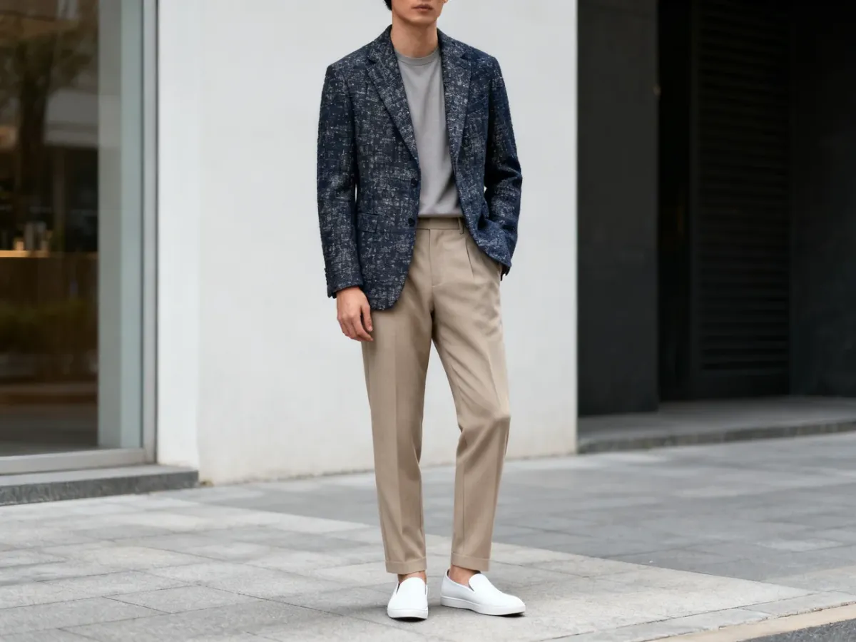 Osoba w dopracowanej stylizacji smart casual w miejskim otoczeniu