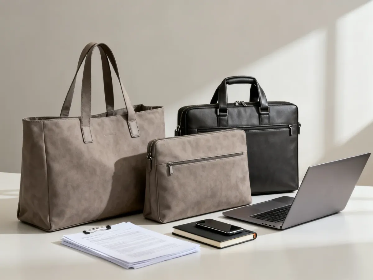 Różne modele torebek do pracy obok laptopa i dokumentów