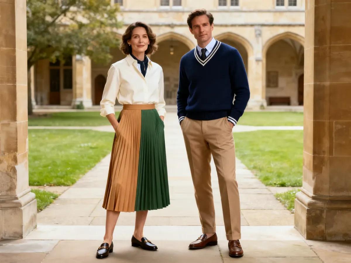 Dojrzałe stylizacje preppy na tle eleganckiego kampusu