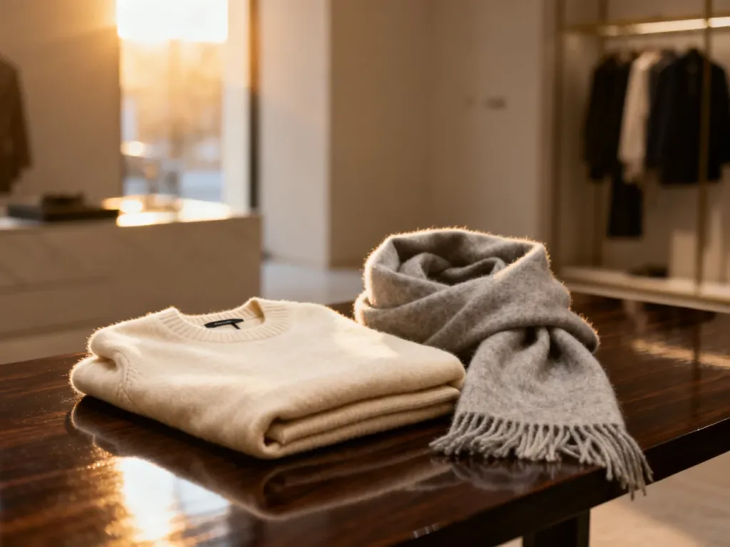 Elegancki kaszmirowy sweter i wełniany szal w odcieniach beżu, prezentujące estetykę stylu quiet luxury na drewnianym stole.