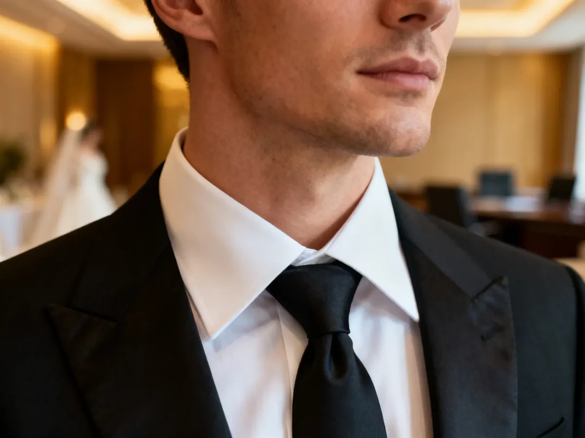 Mężczyzna w eleganckiej koszuli z szerokim kołnierzykiem włoskim i węzłem Windsor