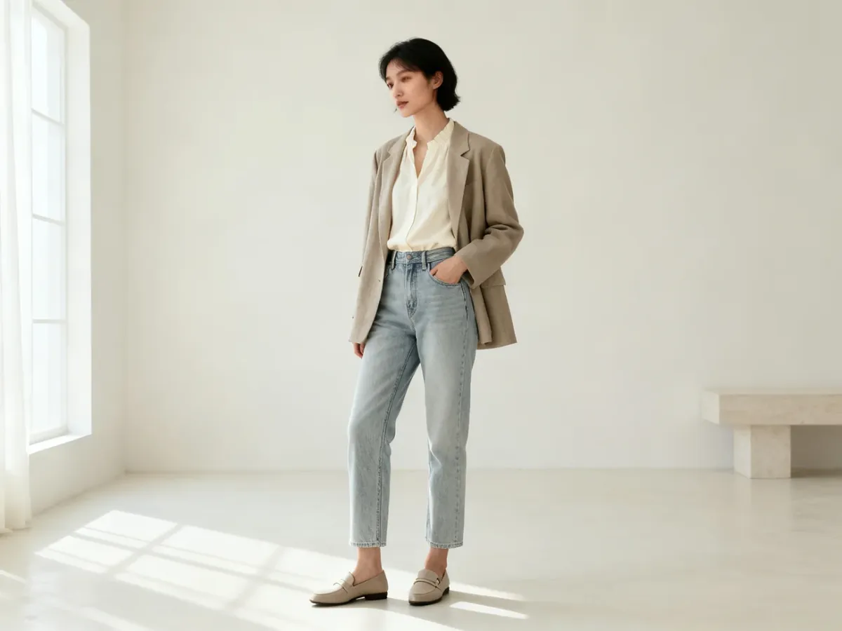 Elegancka stylizacja z jasnymi jeansami, marynarką i mokasynami