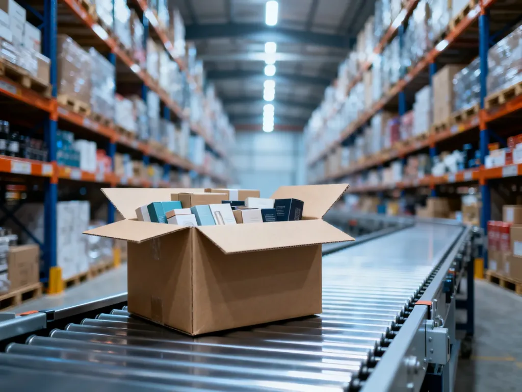 Nowoczesny magazyn logistyczny z przygotowaną do wysyłki paczką na taśmociągu, symbolizujący proces realizacji zamówień w e-commerce.