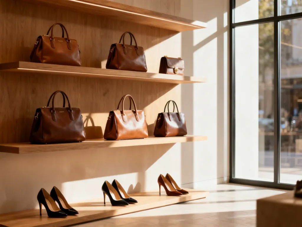 Elegancka ekspozycja skórzanych torebek i szpilek Nine West na minimalistycznych półkach w butiku.