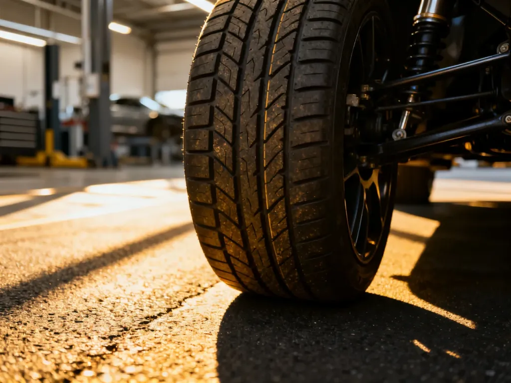 Zbliżenie na bieżnik opony Kumho na asfalcie w słoneczny dzień, podkreślające jakość i design produktu.