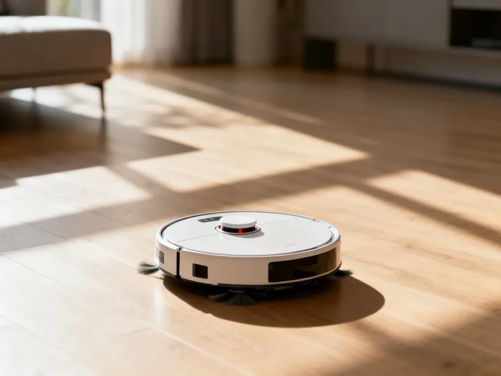 Nowoczesny robot sprzątający Dreame na jasnej drewnianej podłodze w minimalistycznym salonie.