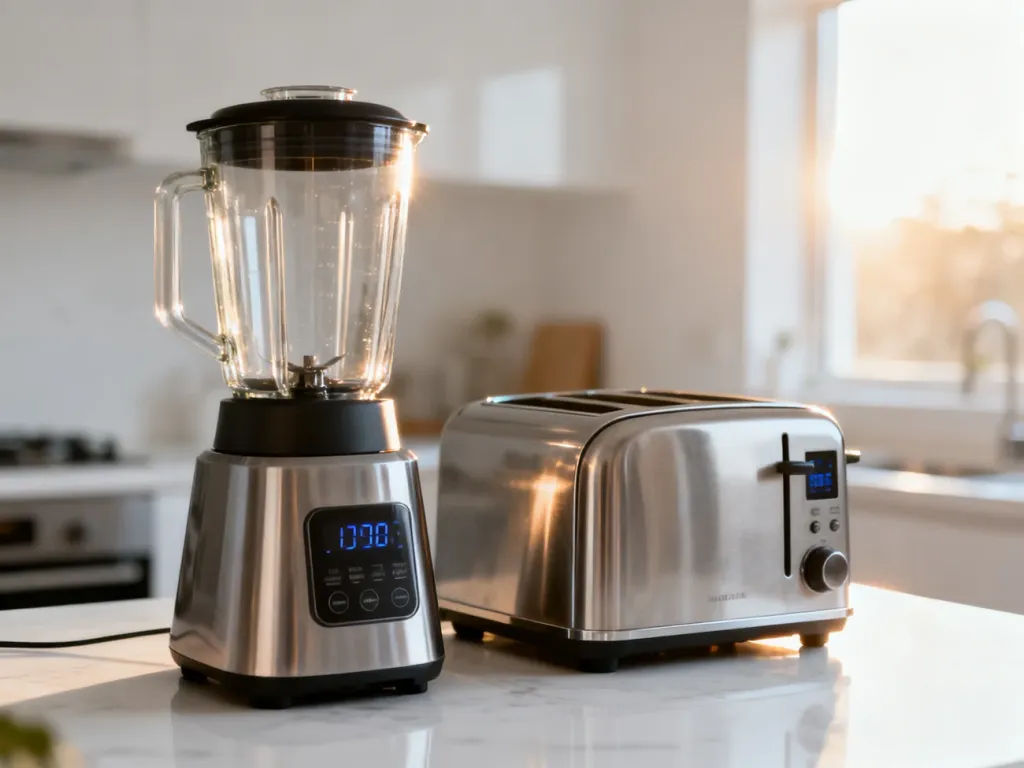 Nowoczesny blender i toster Sencor na marmurowym blacie w jasnej, minimalistycznej kuchni.