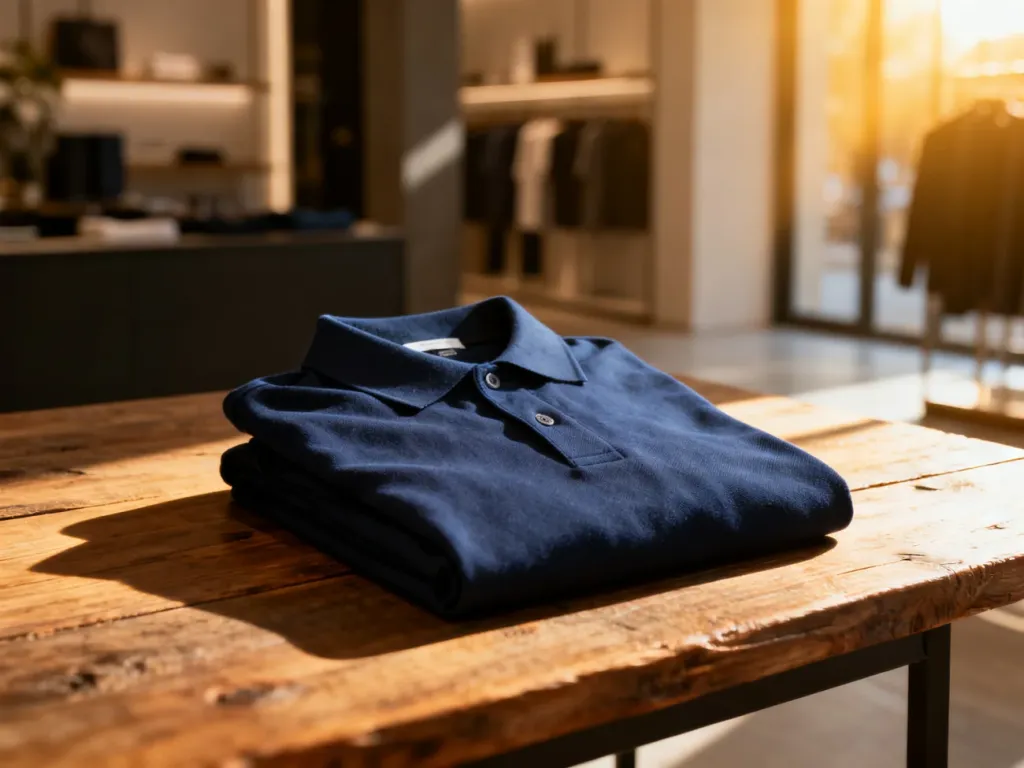 Elegancka granatowa koszulka polo marki Gant starannie złożona na drewnianym stole w minimalistycznym wnętrzu butiku.