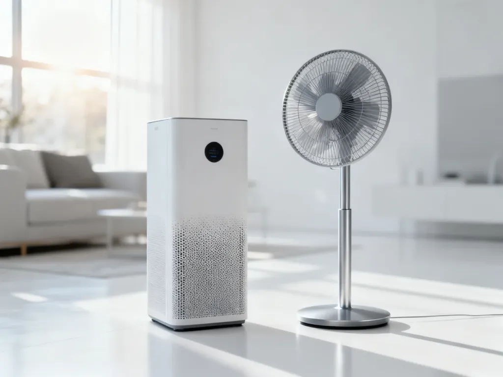 Nowoczesny oczyszczacz powietrza i wentylator elektryczny Maltec ustawione w minimalistycznym, jasnym wnętrzu.