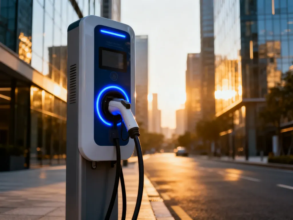 Nowoczesna stacja ładowania pojazdów elektrycznych Smapp z podświetlanymi wskaźnikami na tle miejskiego krajobrazu.