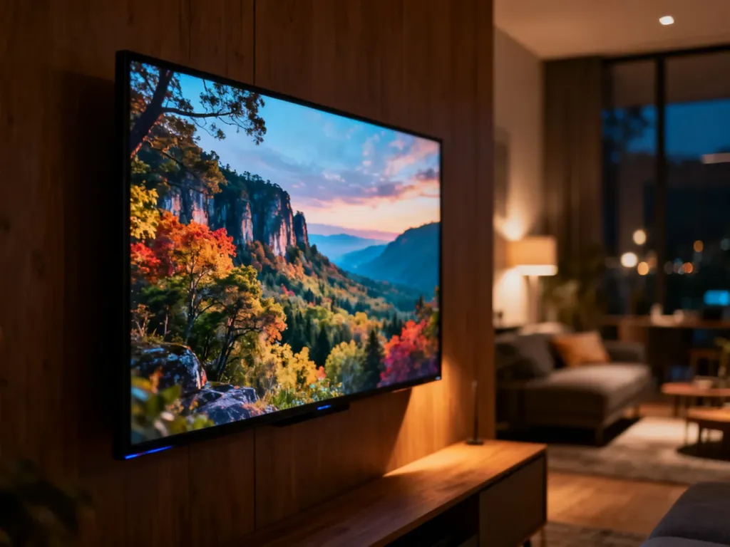 Nowoczesny telewizor TCL 4K wyświetlający barwny krajobraz w przytulnym, przyciemnionym salonie.